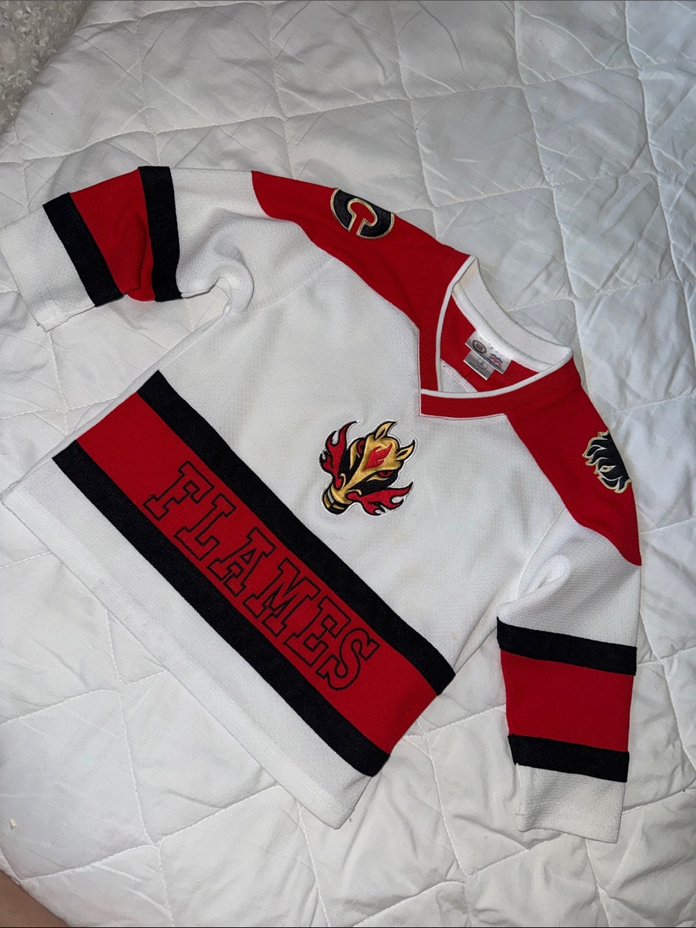 2T Calgary Flames  Y2K White & Red Hockey Jersey official NHL Mighty Mac Sports.